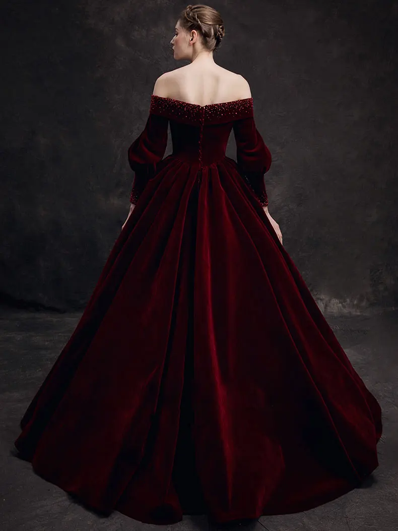 2024 Elegant Burgundy Velvet Beaded Long Ball Gown Evening Gown Prom Dress فساتين سهرة