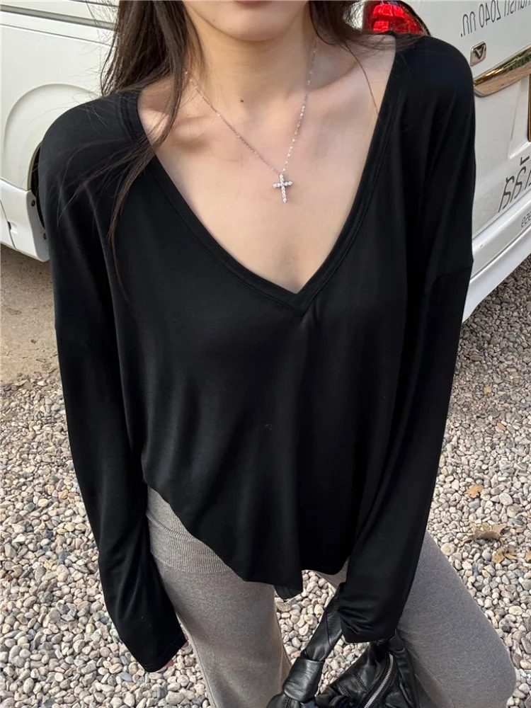 Mulheres oversized t camisa primavera verão com decote em v moda casual solto fino manga longa topo pullovers chique branco ver através camiseta