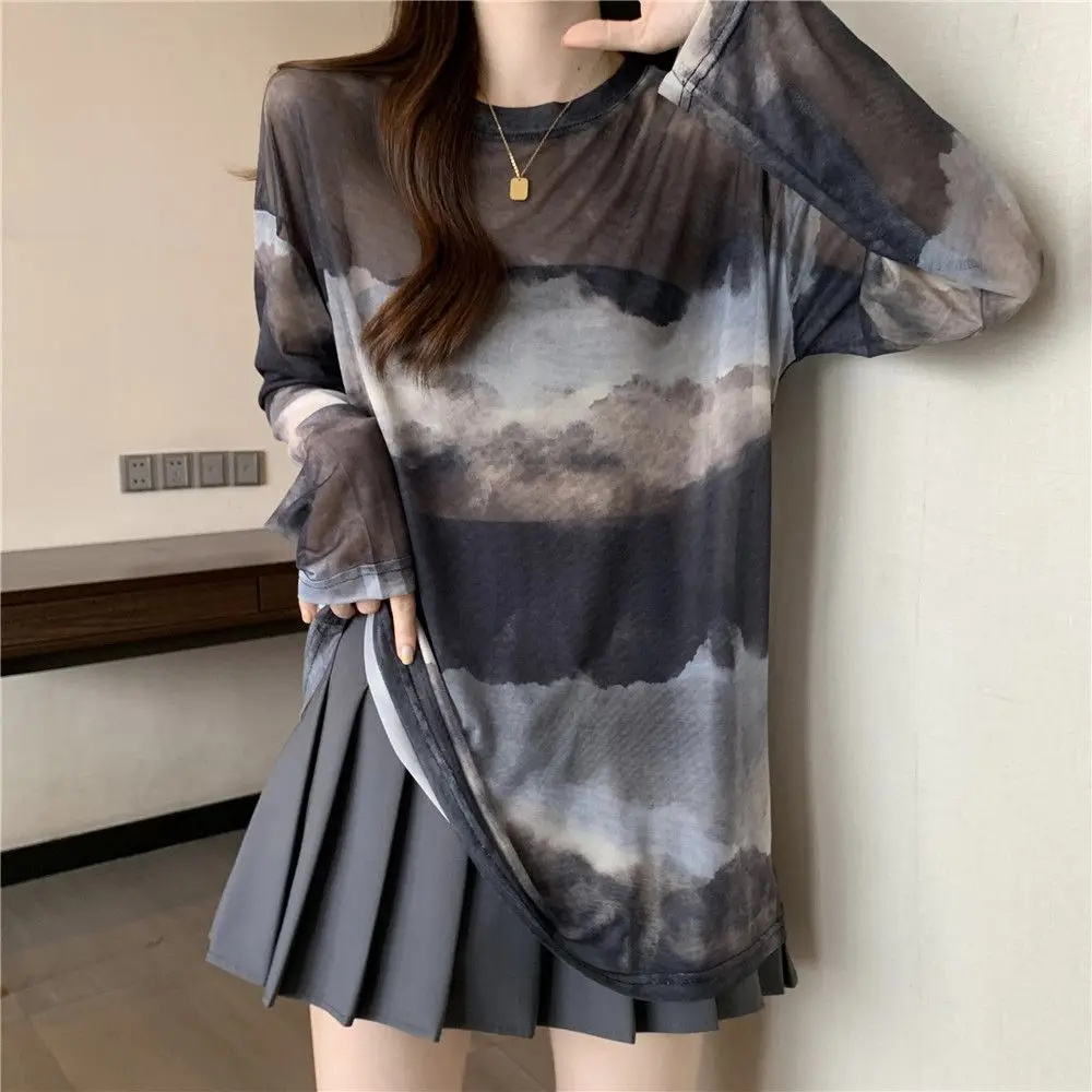 Thin Ice Silk Long Sleeve Sunscreen Hoodie for Women in Summer Large Size Fat Loose Slim Medium to Long Tie Dyeing Mesh Top