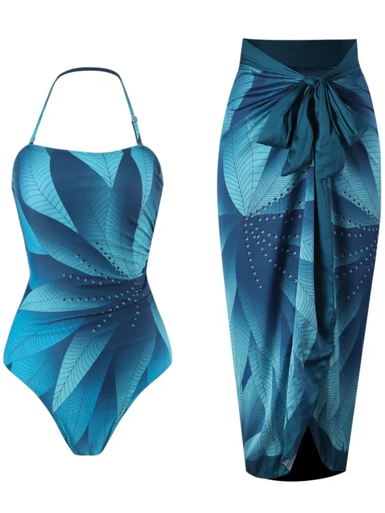 

Ретро бикини с цветочным принтом, модный цельный купальник и накидка, юбка, обтягивающая женская повязка, летняя пляжная роскошная элегантная юбка