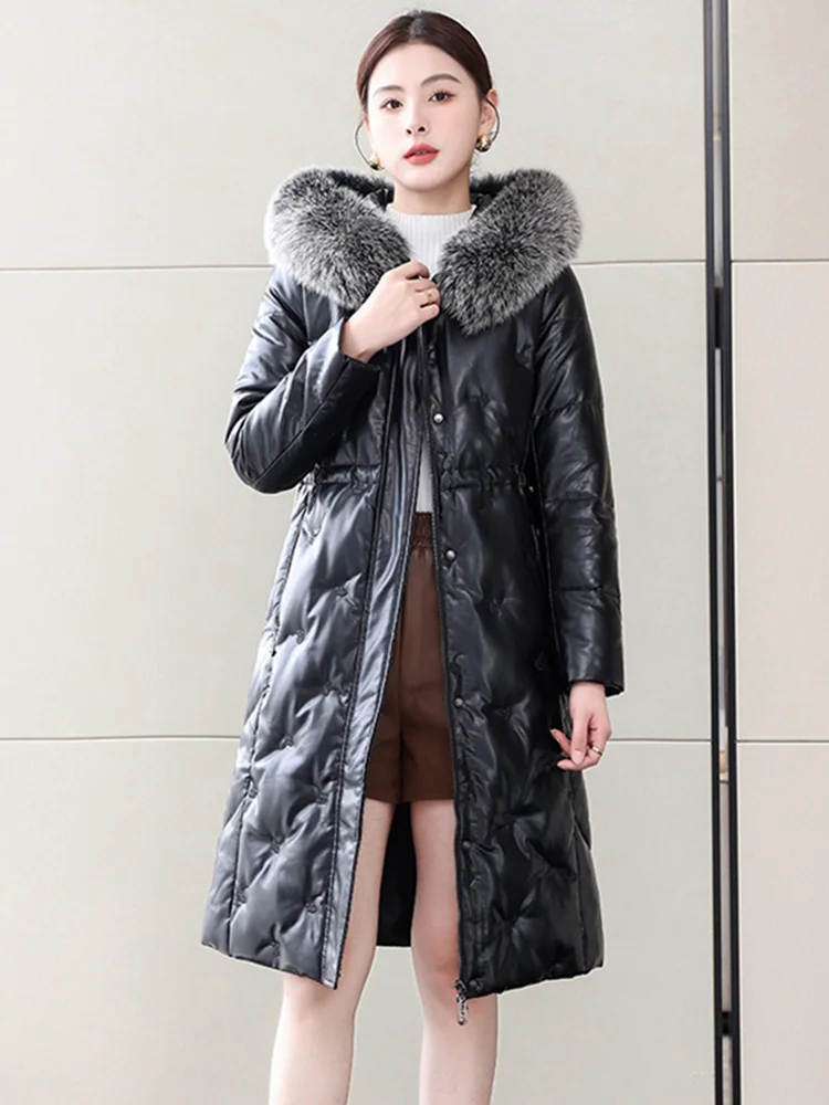 New Women Hooded Leather Down Coat Winter Fashion Casual Real Fox Fur Collar Thick Warm Long Sheepskin Down Coat Split Leather