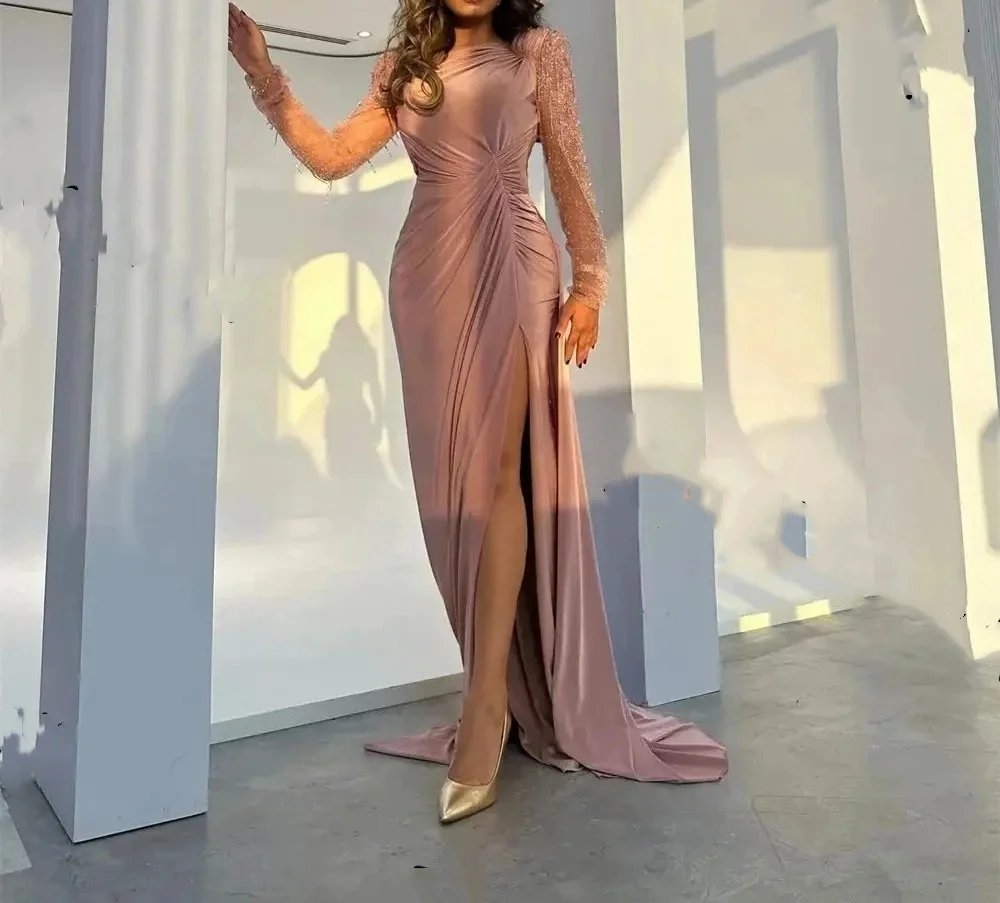 

Elegant Long Satin Dress A-line Long Sleeve Sheath High Waist Split Evening Gowns Formal Evening Party Prom Dresses Customized