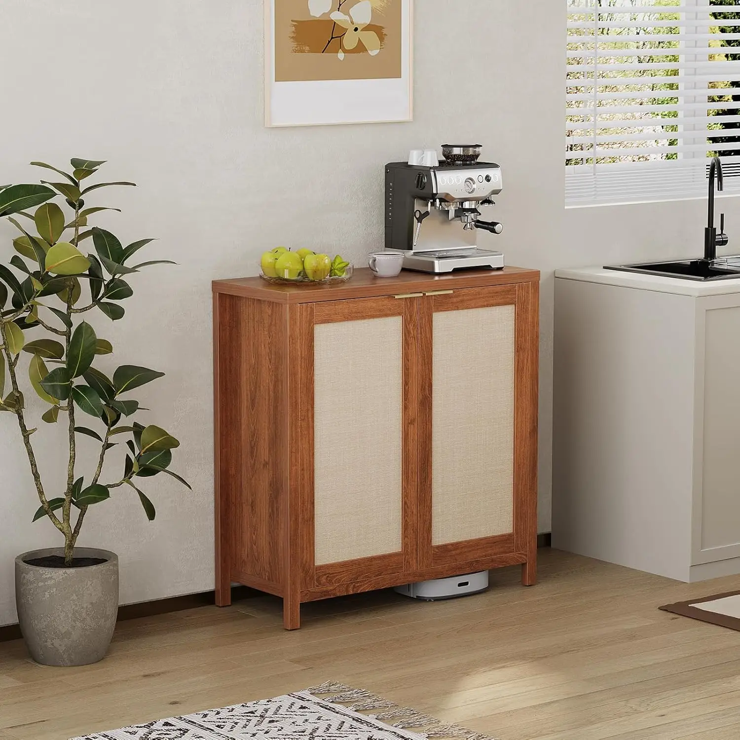 Sideboard Buffet Cabinet Kitchen Storage Cabinet with Rattan Decorated Doors Cupboard Console Table Buffet Cabinets for Hallway