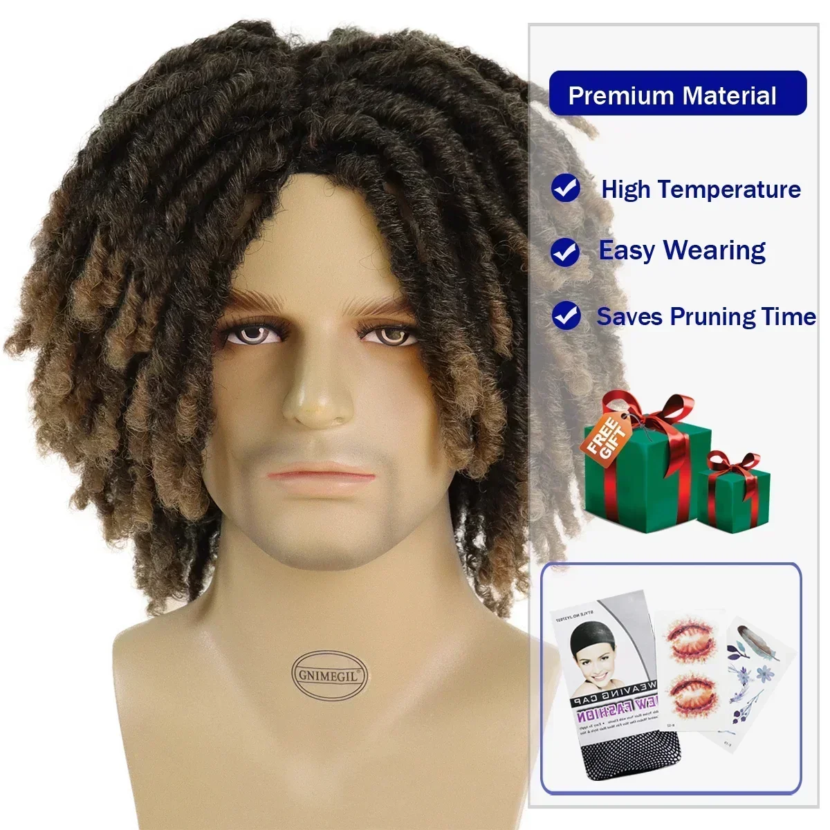 GNIMEGIL Synthetische Zopf-Perücken, 35,6 cm, kurze Perücke für Männer, Afro-Bob, Ombre, braun, gehäkelt, Twist-Haar, Dreadlocks-Perücke,
