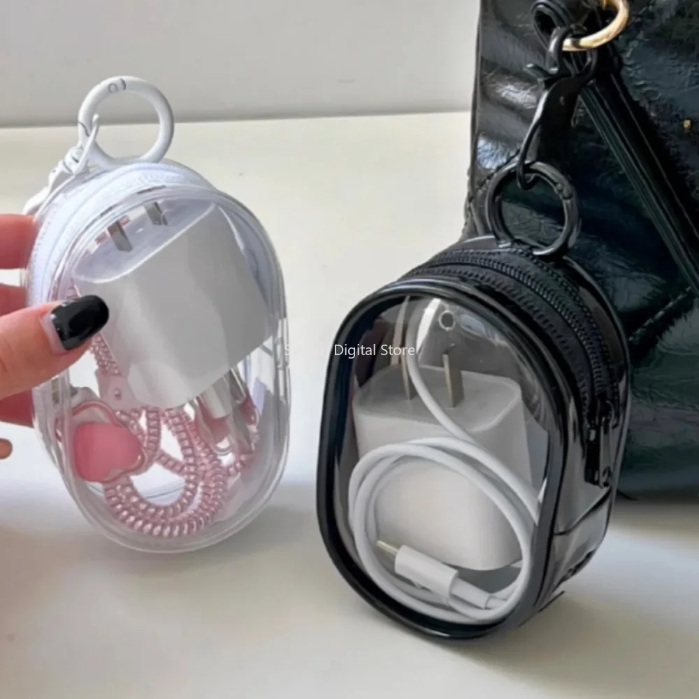 Portable Mini Transparent Storage Bag with Zipper Multifunctional Headphone and Charger Case Travel Accessories with Keychain