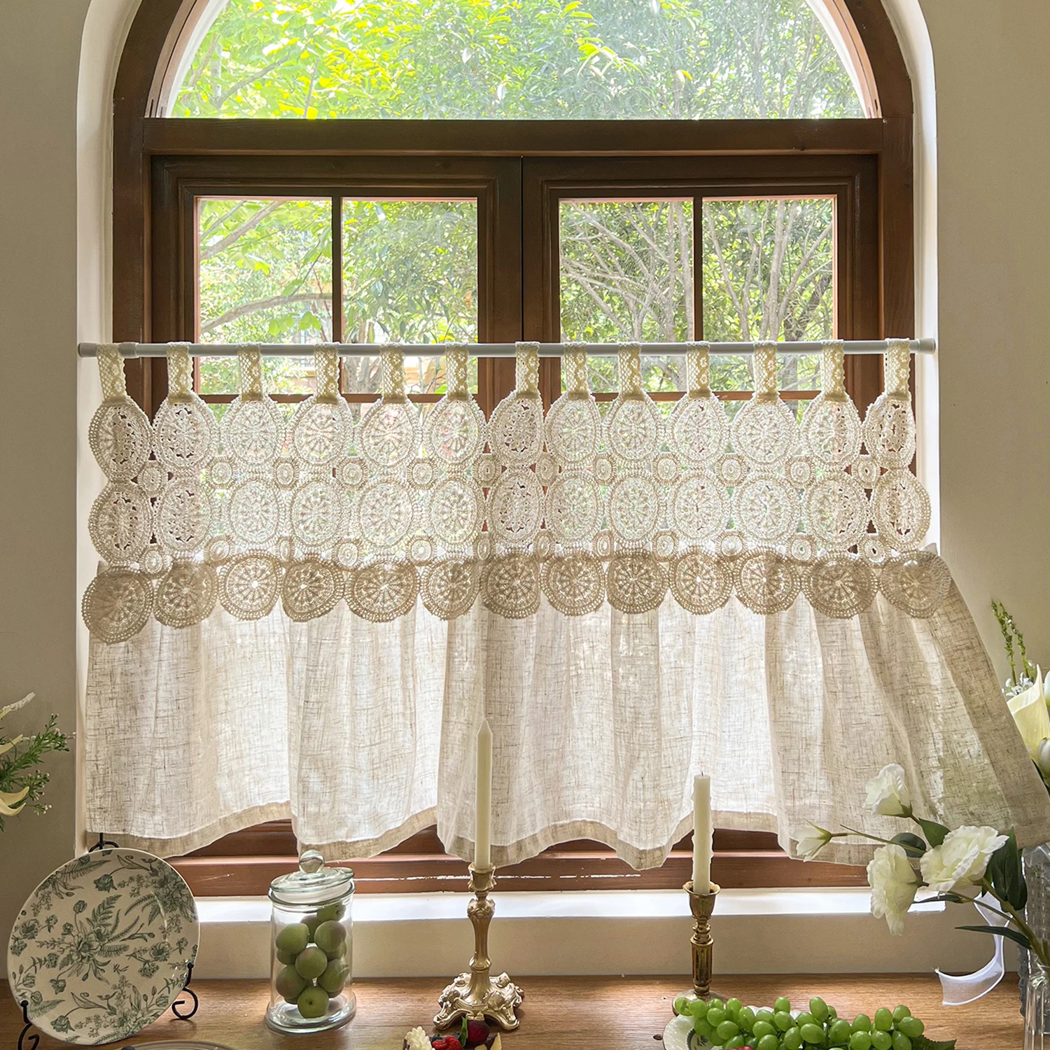 

Rustic Cutout Lace Splicing Imitation Hemp Curtain with Tab Top Vintage Farmhouse Curtain for Kitchen Window Half Curtain