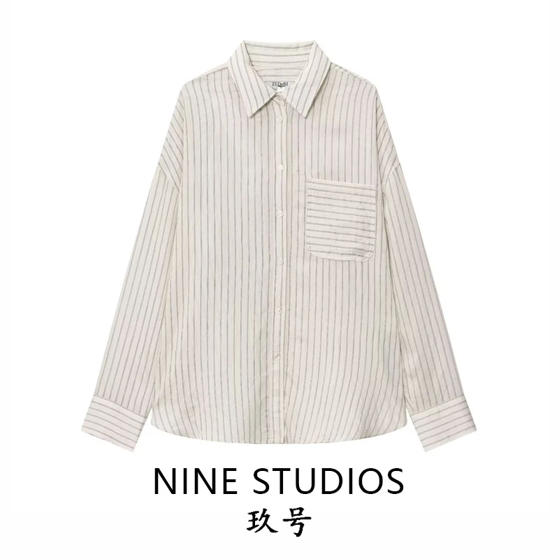 

Loose Casual Striped irt Long Sve Turn-down Collar Women's Top Versatile Comfortable Polyester Fiber A-line Sve