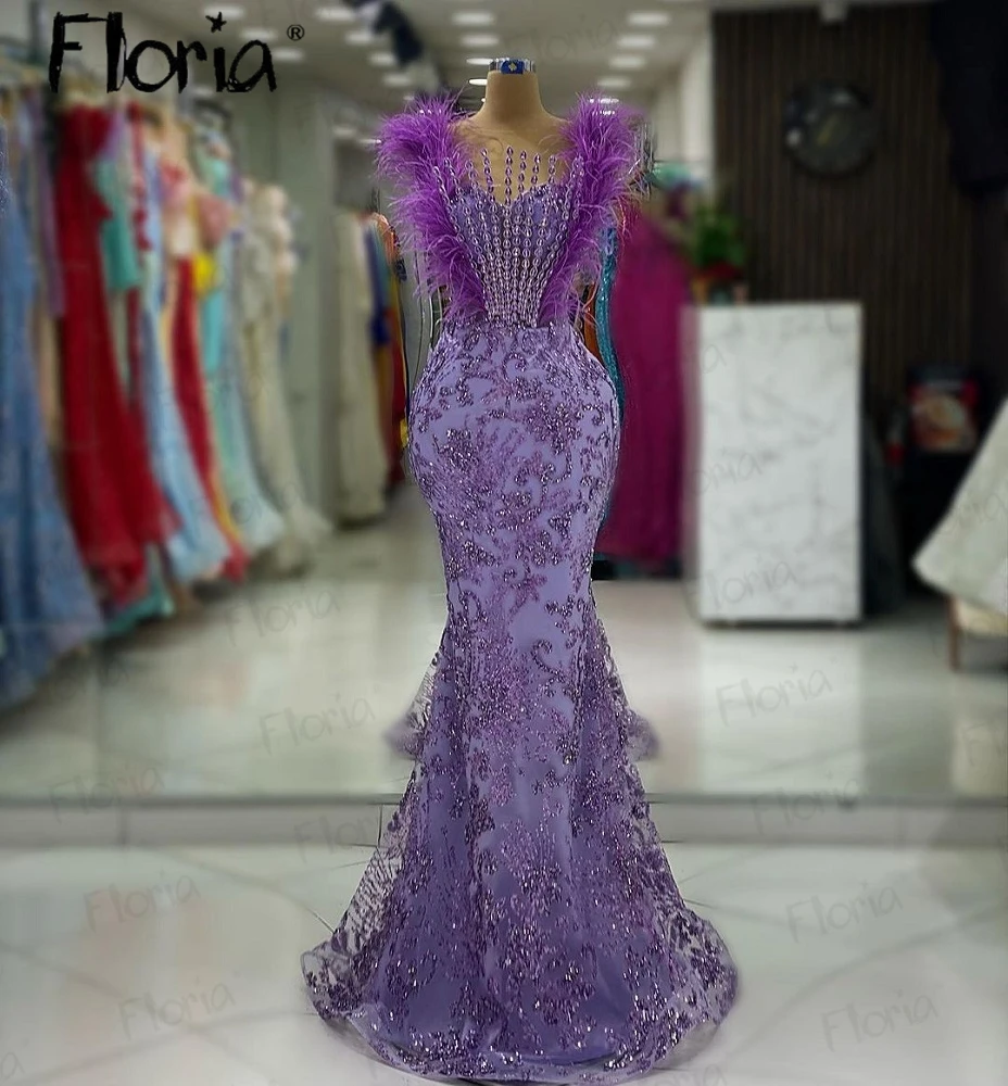 Vestido de fiesta sin mangas de plumas lilas, Vestidos de Noche de lujo con cuentas de cristales, Vestidos de Noche de boda hechos a medida, elegantes vestidos de graduación formales 2023