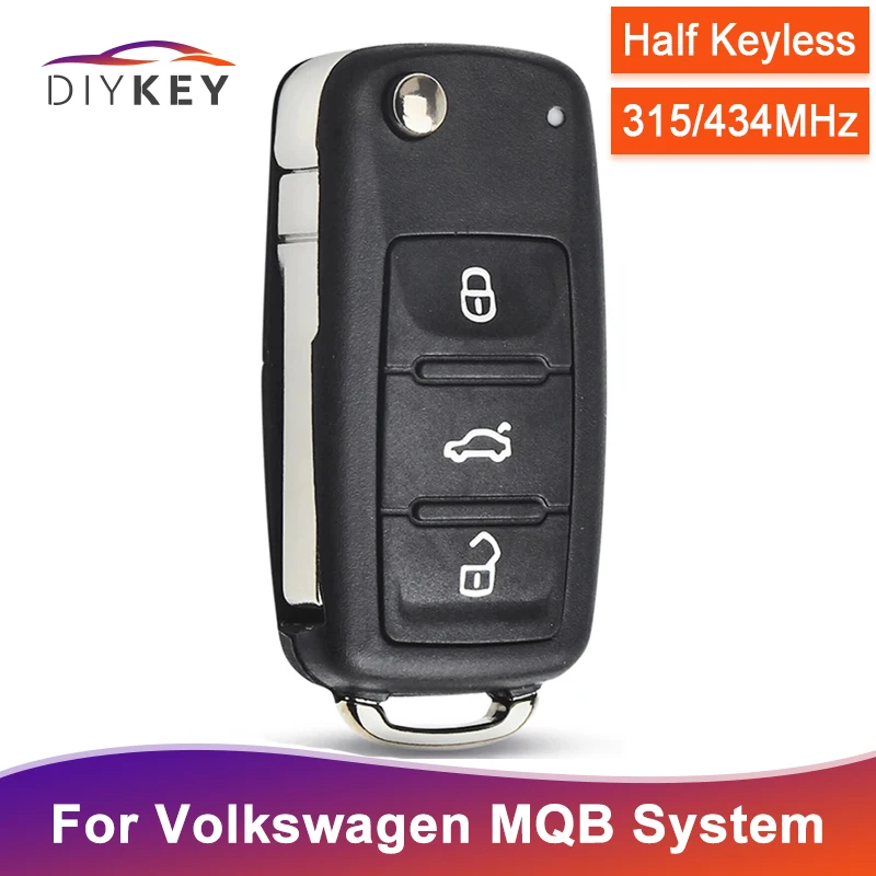 DIYKEY 315MHz 434MHz ID49 Megamos AES Chip For Volkswagen MQB Half Keyless Car Key Remote Fob 3 Buttons With Uncut HU66 Blade