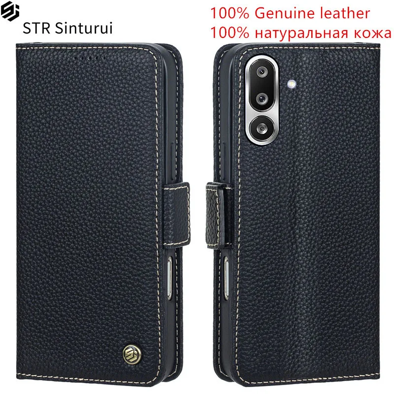 

STR 100% Genuine leather lychee grain card Slot Wallet Cover For Samsung Galaxy F17 F36 F56 F16 F55 F15 F34 F54 Flip phone Case