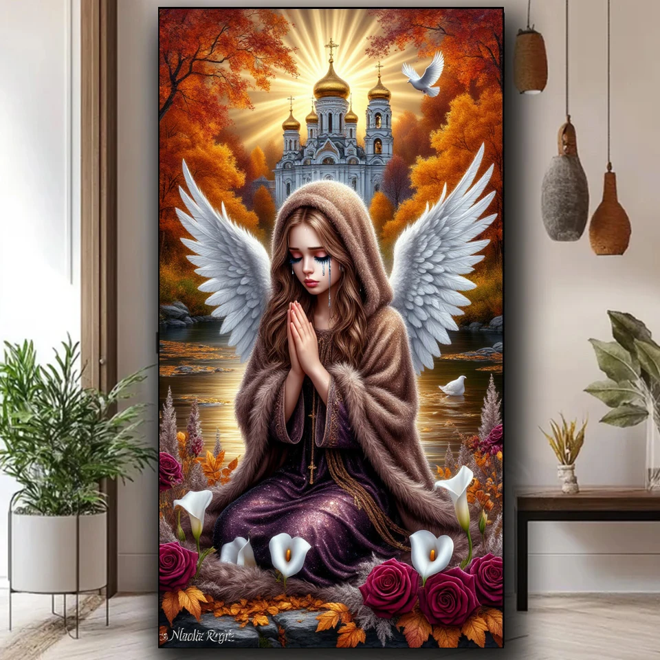 

Large Size Russian Castle Diamond Painting Crying Tear Angel Girl White Pigeons Full Round Square Mosaic Embroidery Cross Stitch