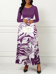 Women Dresses Long Sleeve Round Neck Printed Hem Long Dress Purple Elegant Style