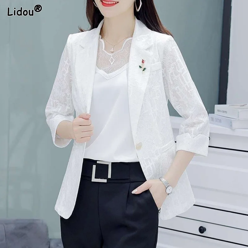 Three Quarter Sleeve Solid Color Patchwork Notched Lace Button Blazers Spring Autumn Thin Office Lady Women's Clothing Formal