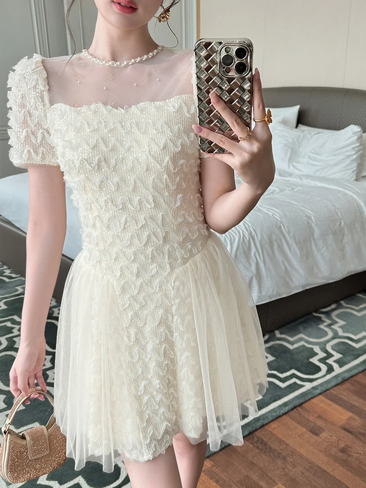 ภาษาฝรั่งเศสคําพรหมชุดมินิสําหรับผู้หญิงประณีตElegant Sheerตาข่ายเพิร์ลจีบชุดSequinsวันเกิดชุดราตรีVestidosหญิง