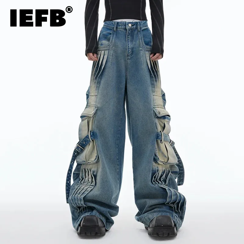 IEFB High Street Men's Denim Pants Multi Pockets Straight Washed Worn-out Pleated Solid Color Loose Wide Leg Male Jeans 24E2349