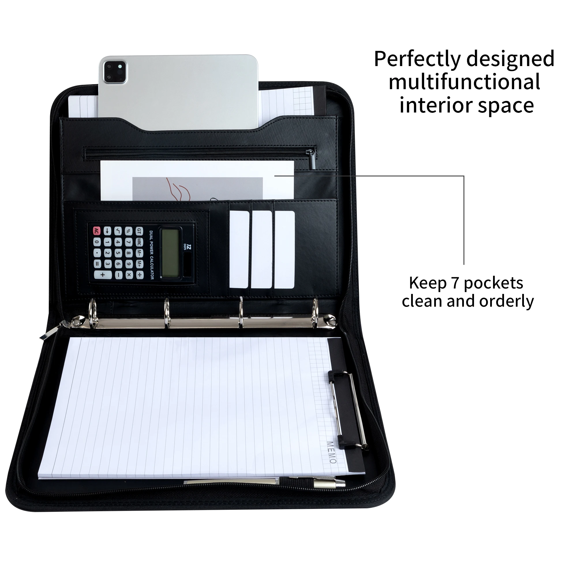 New A4 Portfolio 4 Ring Binder with Zipper, PU Leather Padfolio Document Organizer with Storage, Professional Business Briefcase