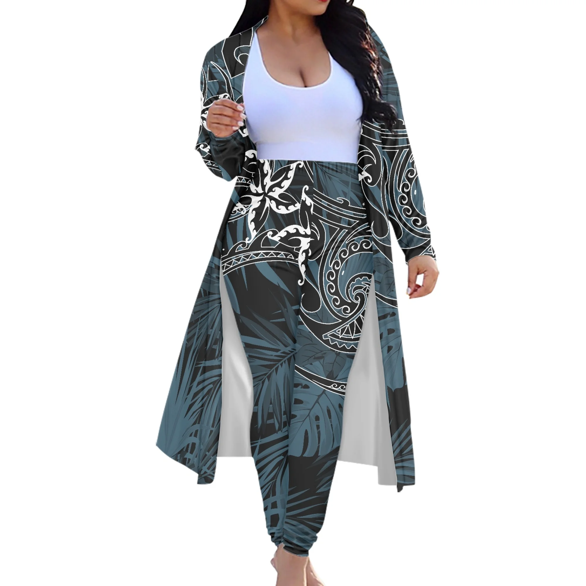 Tribal Ethnic Style Custom Women'S Long Sleeve Pant Suit Polynesian Vintage Print Women'S Casual Long Sleeve Cape Coat Suit