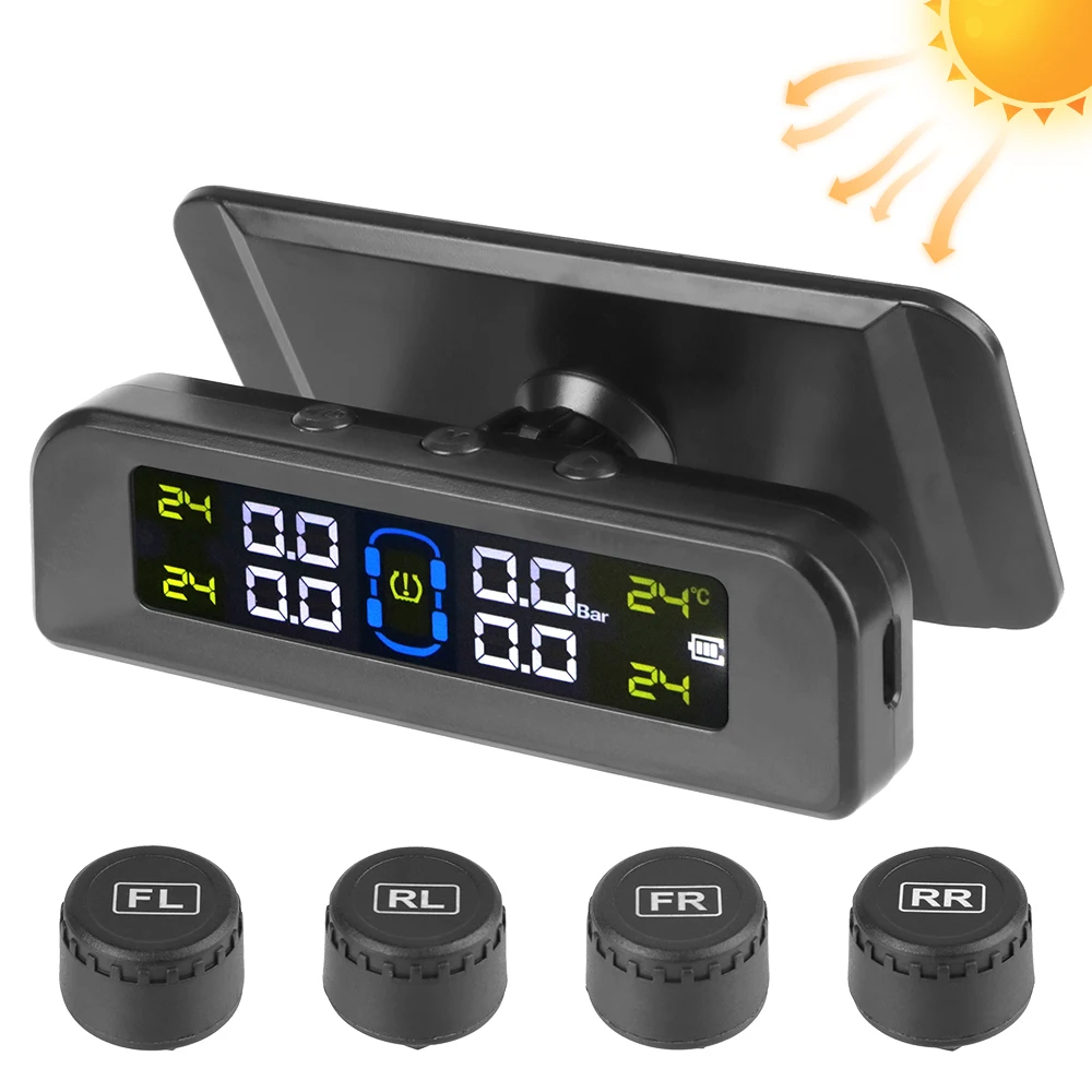 TPMS Car Tire Pressure Alarm Monitor System Wireless Solar Power Automatic Brightness Control 4 Sensors Decoration Accessories