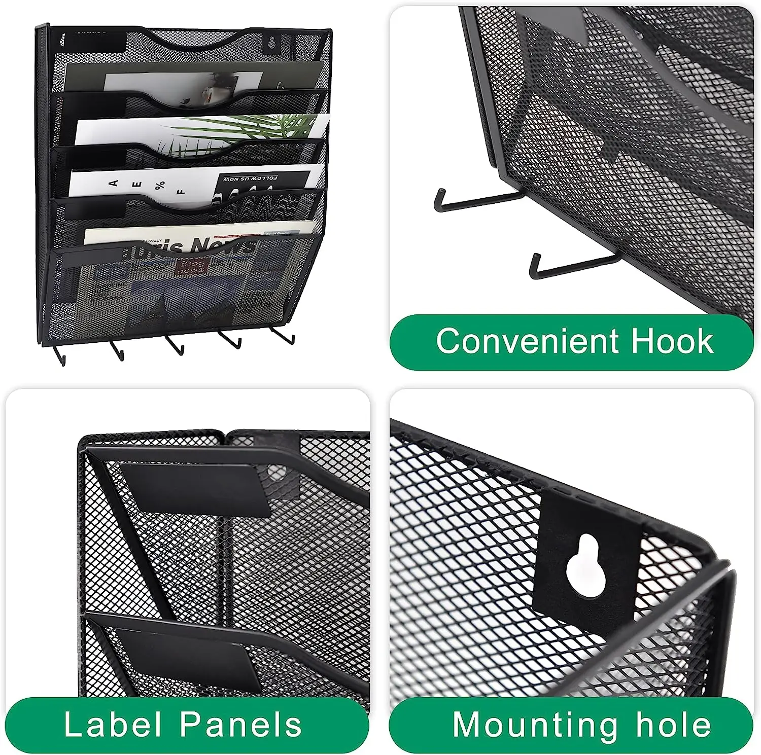 5 Pockets Mesh Wall File Holder Organizer Office Hanging Magazine Rack with Key Holder Hooks For Office School Home Kitchen