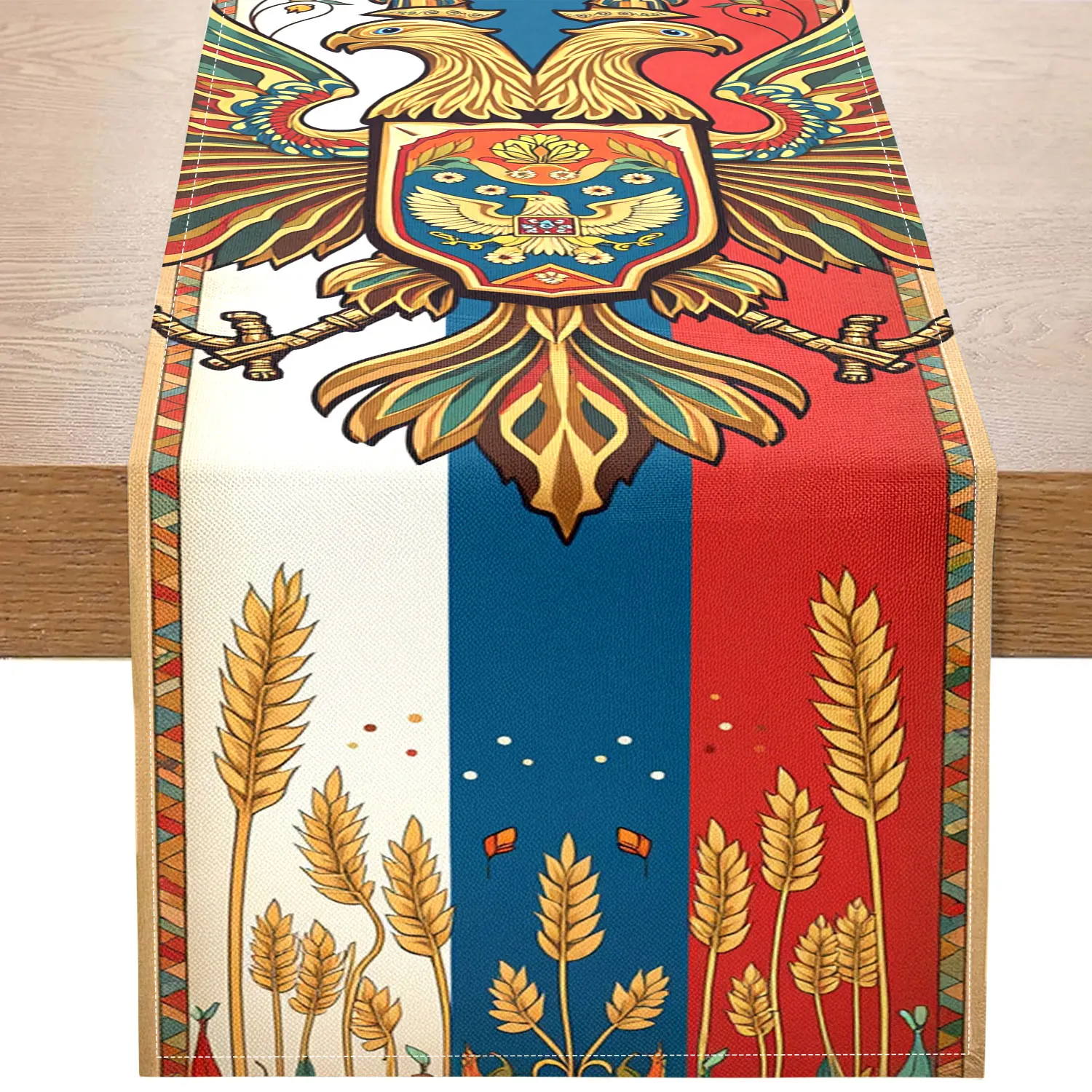 1 Piece of Table Flag with Russian National Emblem and Wheat Ears Theme, Russian National Emblem, National Flag Color and Wheat Ears Pattern, Suitable for Russian Cultural Theme Activities, Patriotic Theme Parties, Russian Style Restaurant Decoration, Cultural Exchange Activities, Special Cultural and Creative Store Displays, Russian Holiday Related Arrangements, Home Exotic Decoration