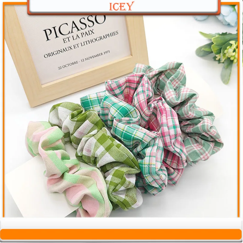 1pc Green Hair Ties Plaid Scrunchie Intestinal Ring Headbands Fabric Headwear Hair Accessories