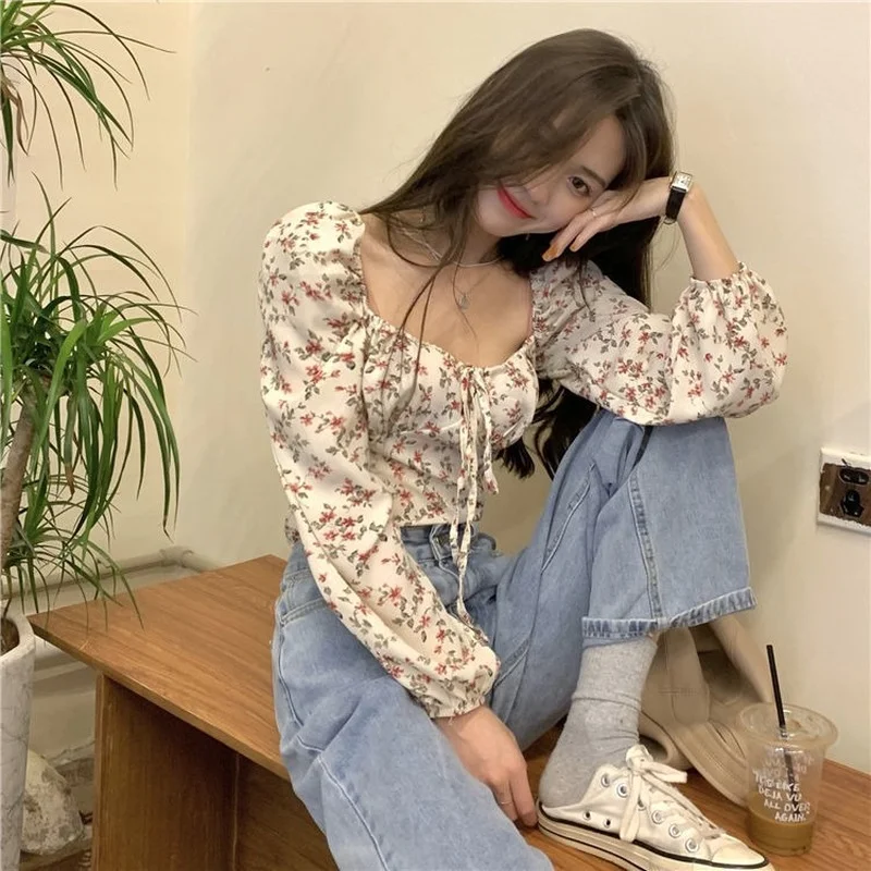 Blouses Women Print Square Collar Sweetie Spring Girls Cropped Long Sleeve Aesthetic Fashion Preppy Street Y2k Lace-up Design