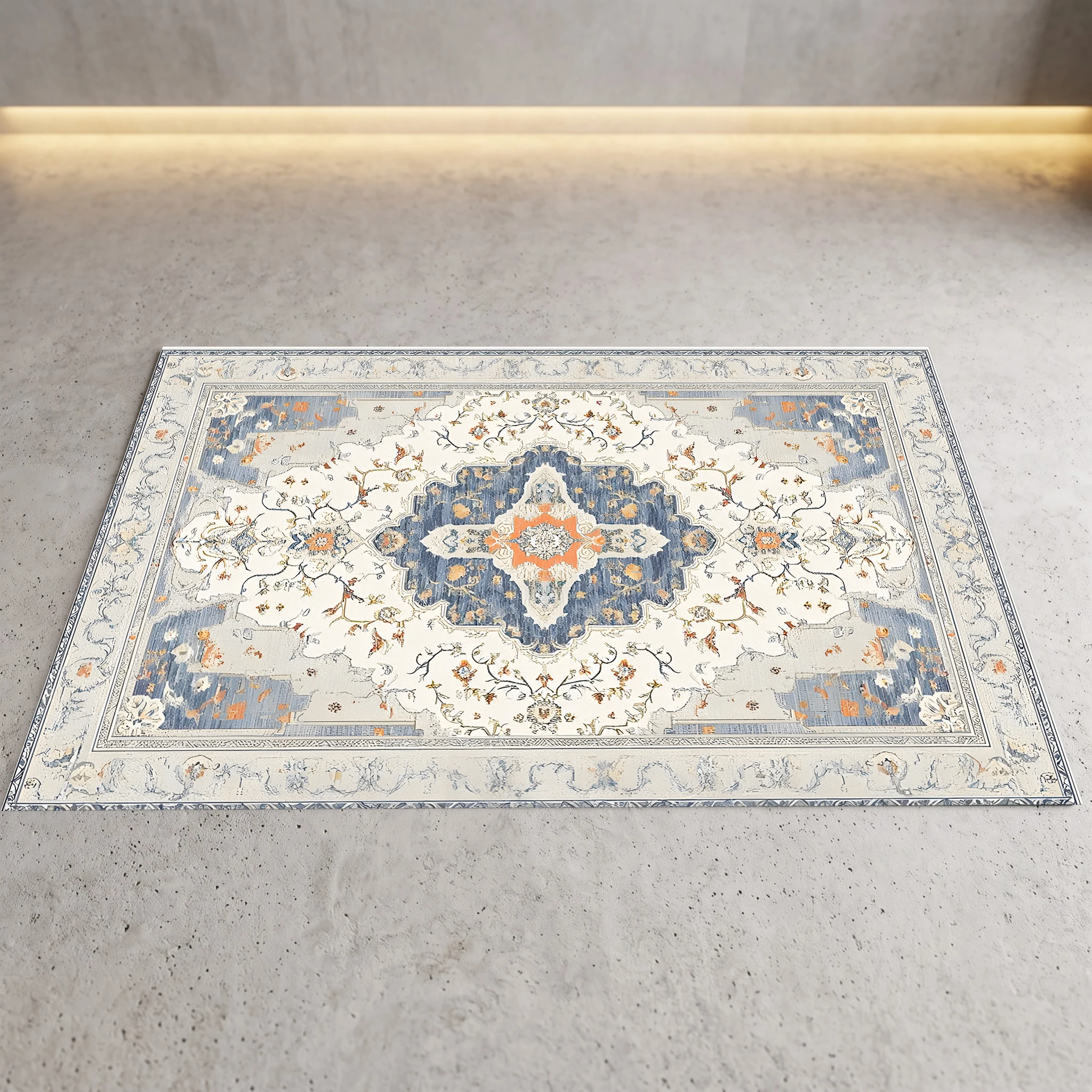 Cream‑Blue Vintage Persian Area Rug, Star Medallion Border Pattern, Soft Tone for Living Room Bedroom Home Decor