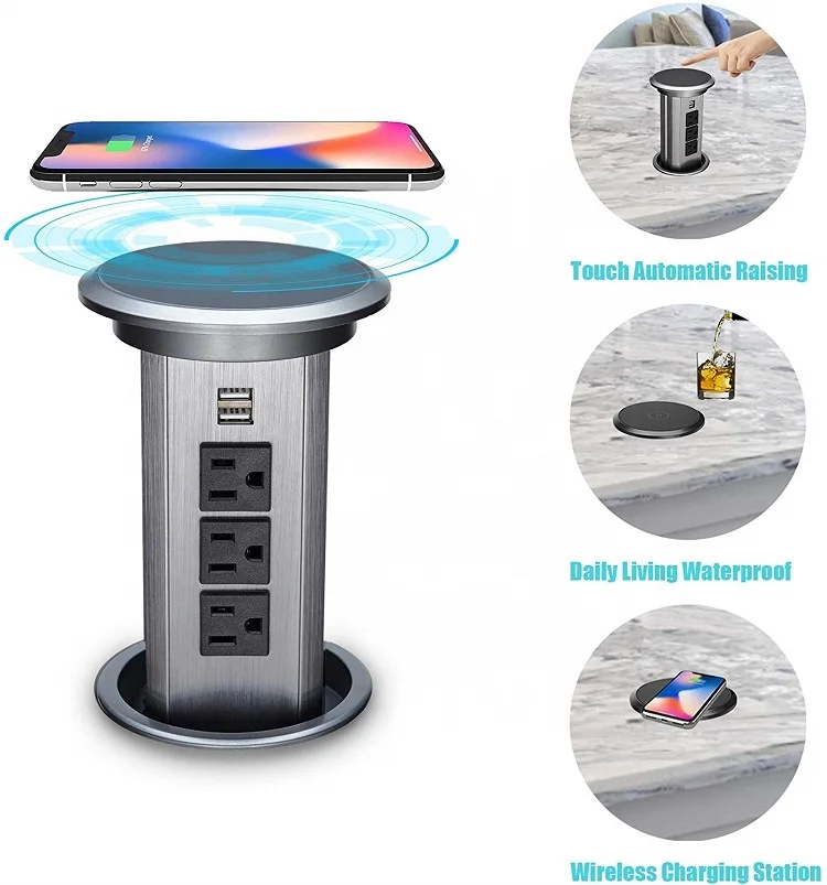 Motorised  lift multi power socket pop up wireless socket desktop sockets 3 USA Plugs 2 USB A for Office Kitchen