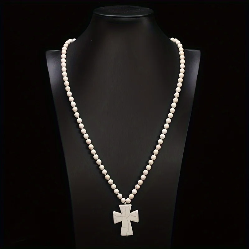 Ethnic wind turquoise necklace Women\'s retro cross pendant Long necklace imitation turquoise sweater chain