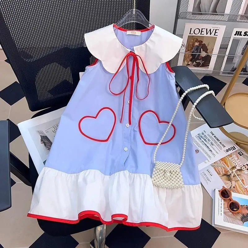 

Girls Sweet Heart Dress, Kids Sleeveless Peter Pan Collar Dress,comfortable Cute Blue & White Sundress with Red Trim for Summer
