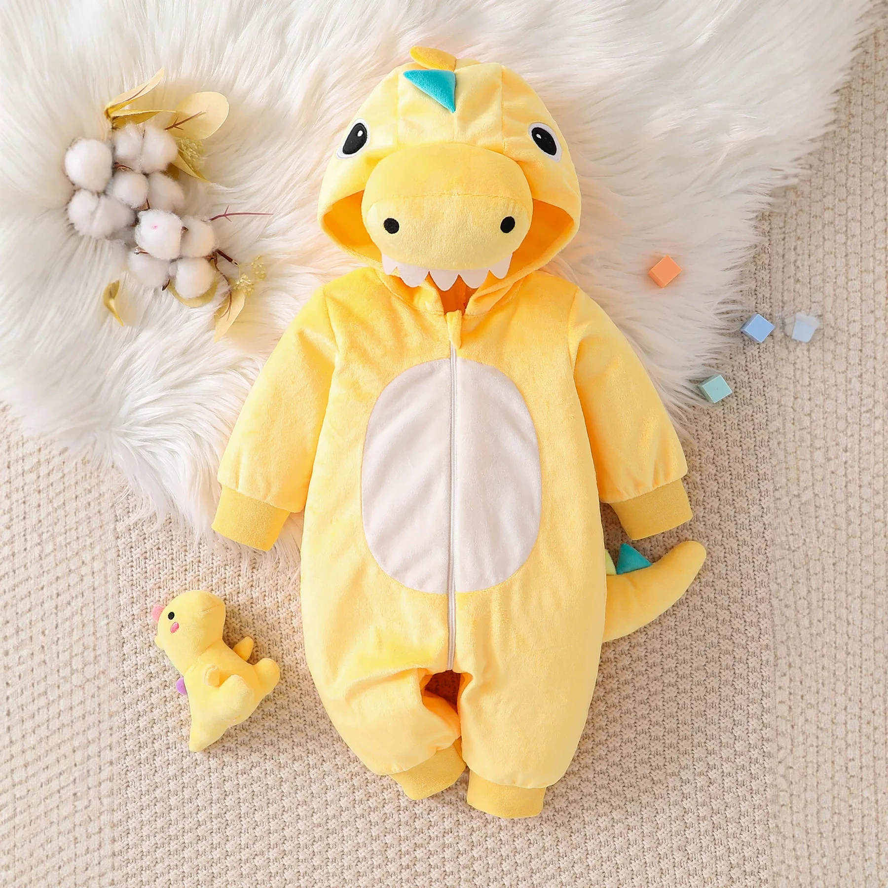 Newborn Infant Baby Toddler Yellow Dino Hooded Romper Plush Fleece Jumpsuit with Colorful Spikes Warm Winter Playsuit 0 24M