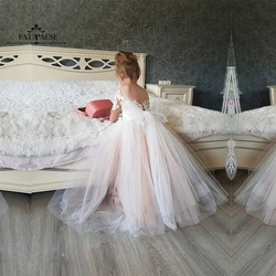 2024 New Full Sleeve First Communion Dress for Child Baby Backless Lace Tulle Little Bridesmaid Daughter Wedding Even Party