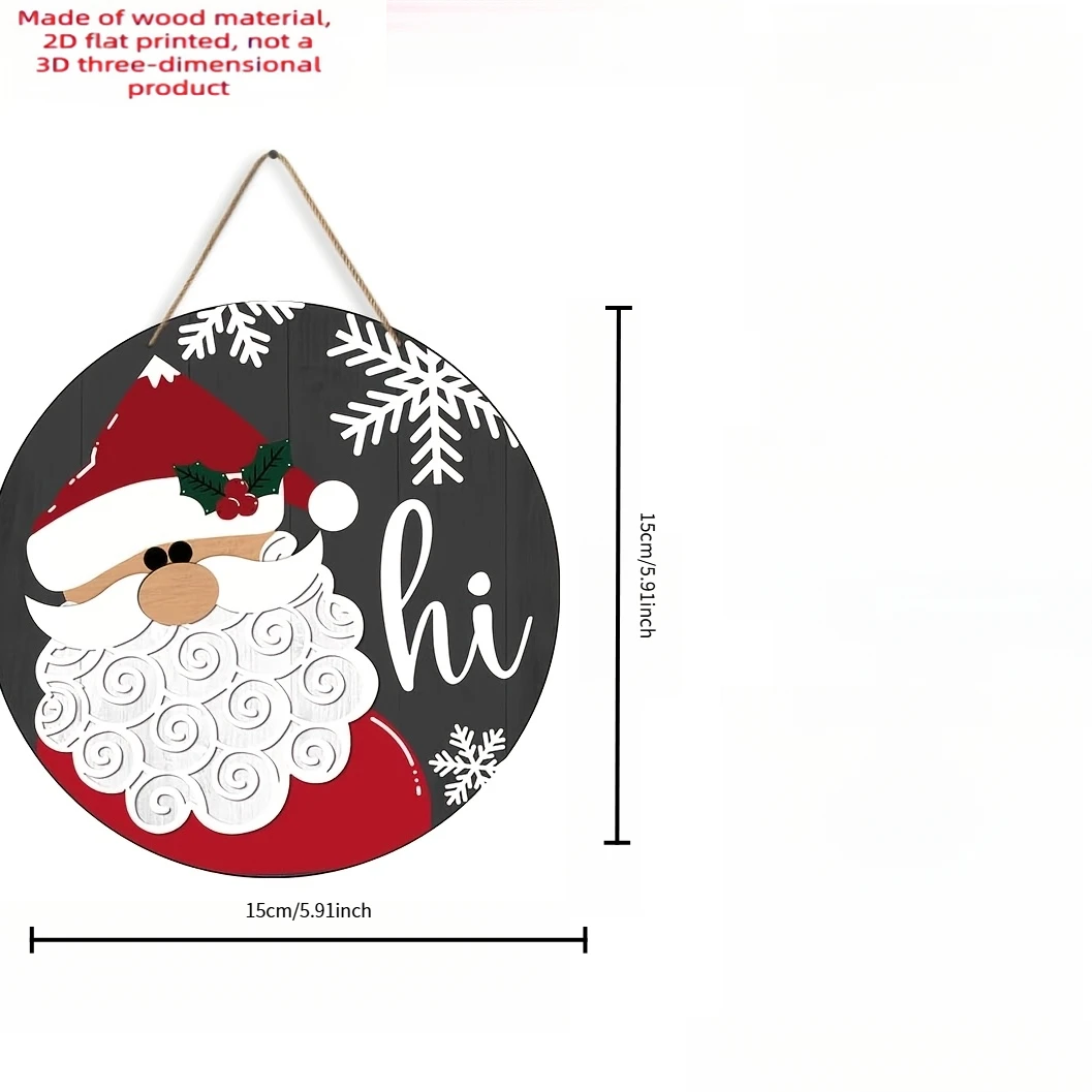 2D Flat Wooden Print, Snowflake Santa Merry Christmas Welcome Sign - Santa Christmas Door Hanger - Winter Greeting Round Wooden