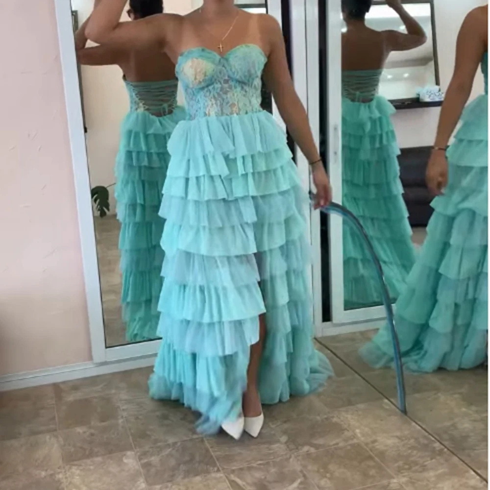 

Customized A-line Evening Dresses Floor-length Strapless Sleeveless Prom Gown Fashion Lace Backless Lace-up Draped Party Gown