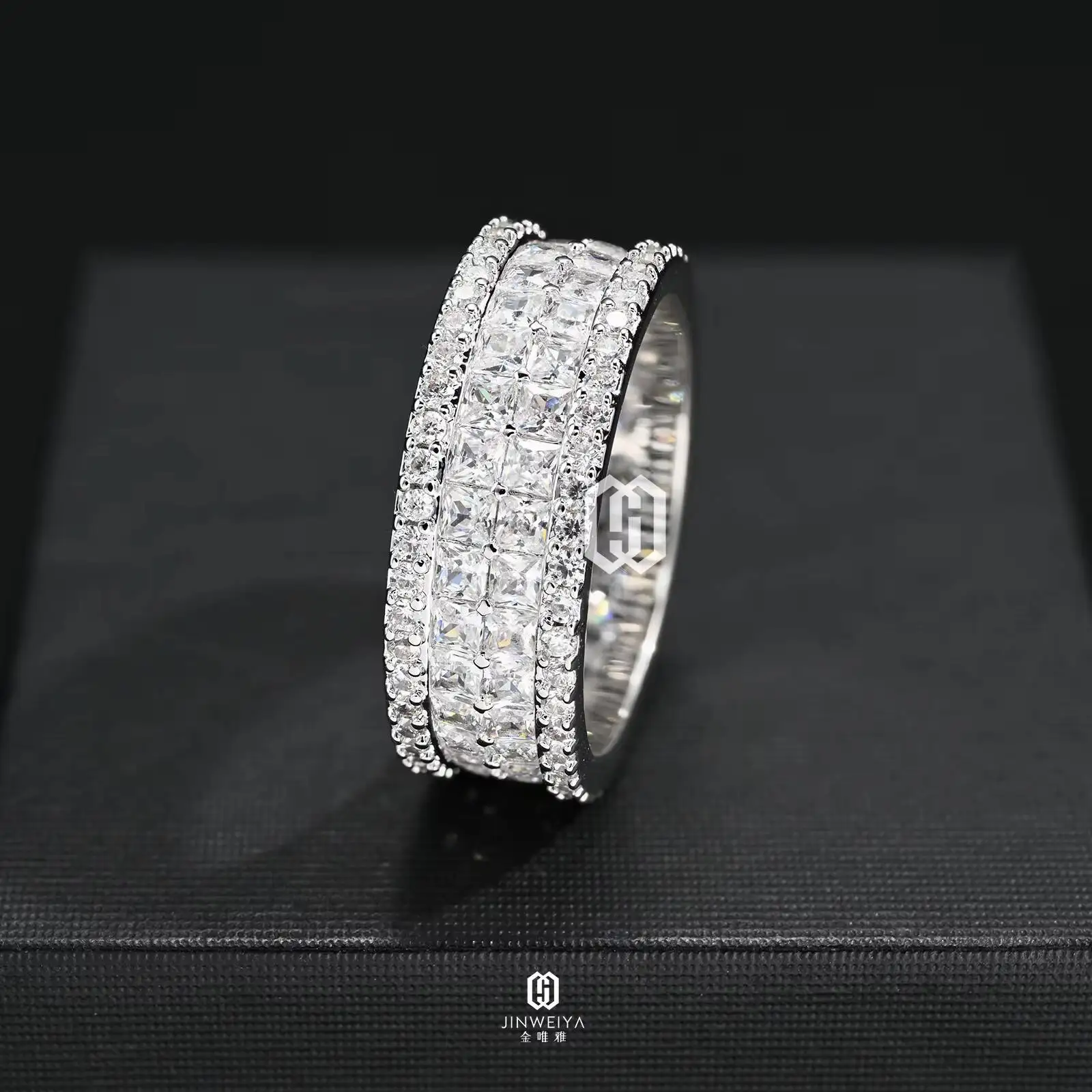 925 Silver VVS Moissanite Eternity Ring Princess Cut Iced Out Hip Hop Band Ring for Men