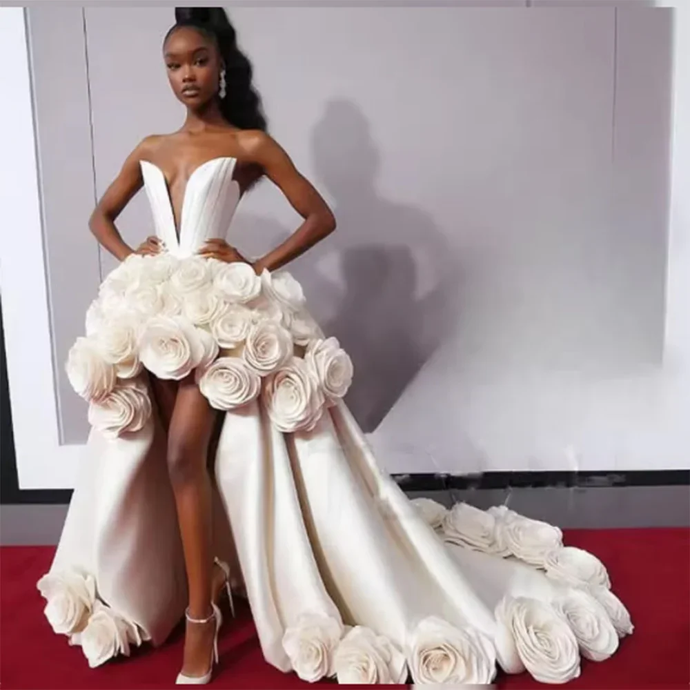 

Ruffles 3D Flowers Asymmetrical Train Prom Dresses High Low Evening Gowns Off Shoulder Luxury Prom Dress Custom Made
