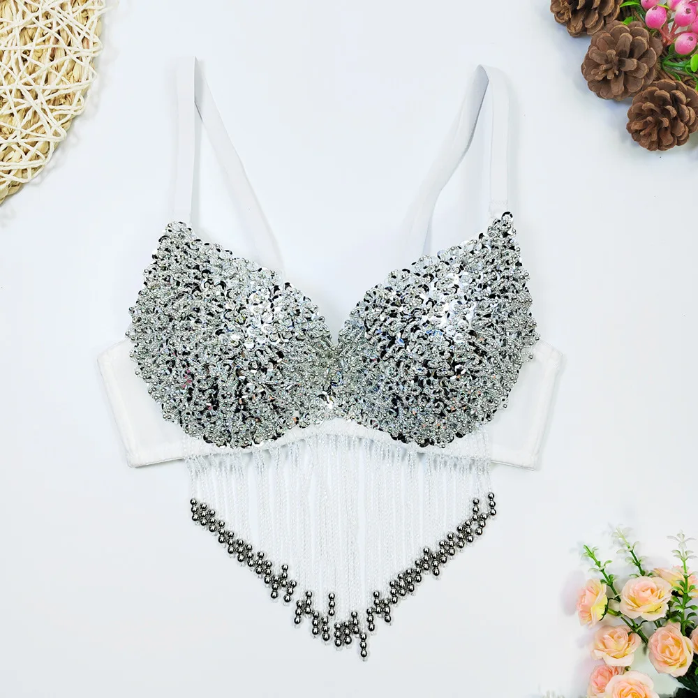 Novo estilo aberto de volta franjas halter topo sexy boate desempenho roupa palco carnaval festa busto-améliorando roupa interior