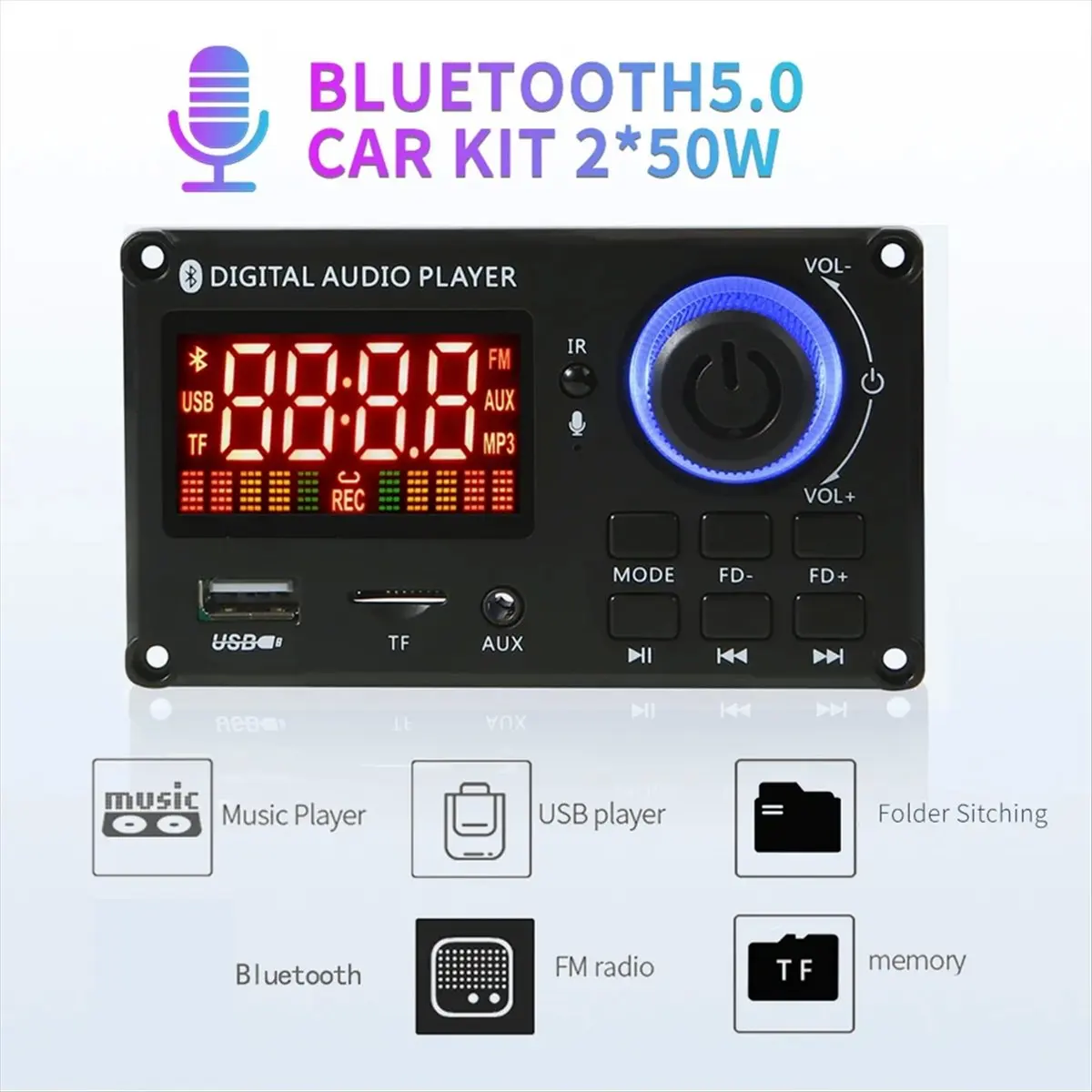 

AABFK 50 Вт усилитель DIY MP3-декодер плата Bluetooth 5,0 DC 8-24 В автомобильный MP3-плеер USB FM AUX запись вызовов регулятор громкости
