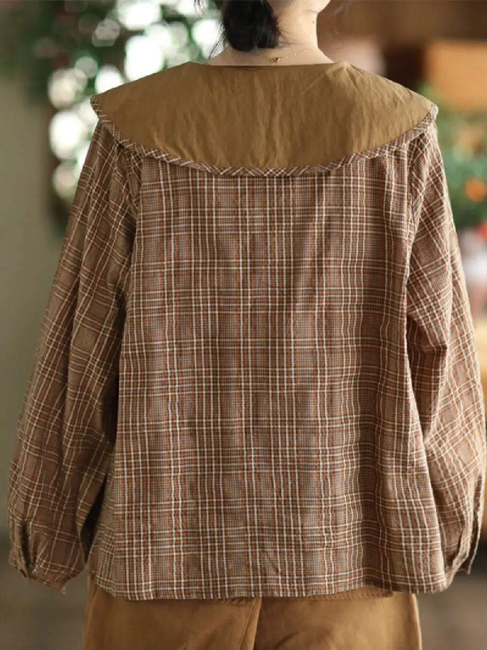자수 체크 피터팬 칼라 셔츠 봄 가을 캐주얼 긴팔 면 블라우스 여성 루즈 싱글 브레스티드 탑