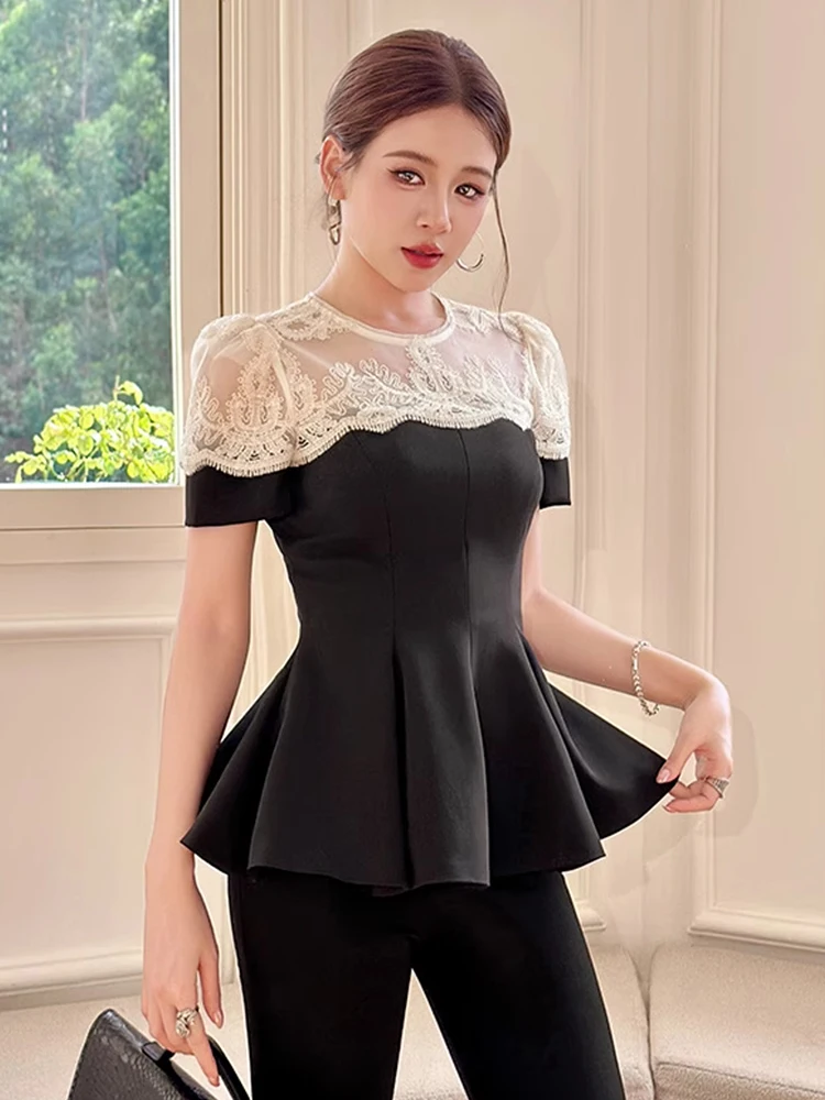 

Women's Clothing Elegant Fshion Party T-Shirt Female French Exquisite White Sheer Mesh Tops Black Ruffle Blouse High Street Date