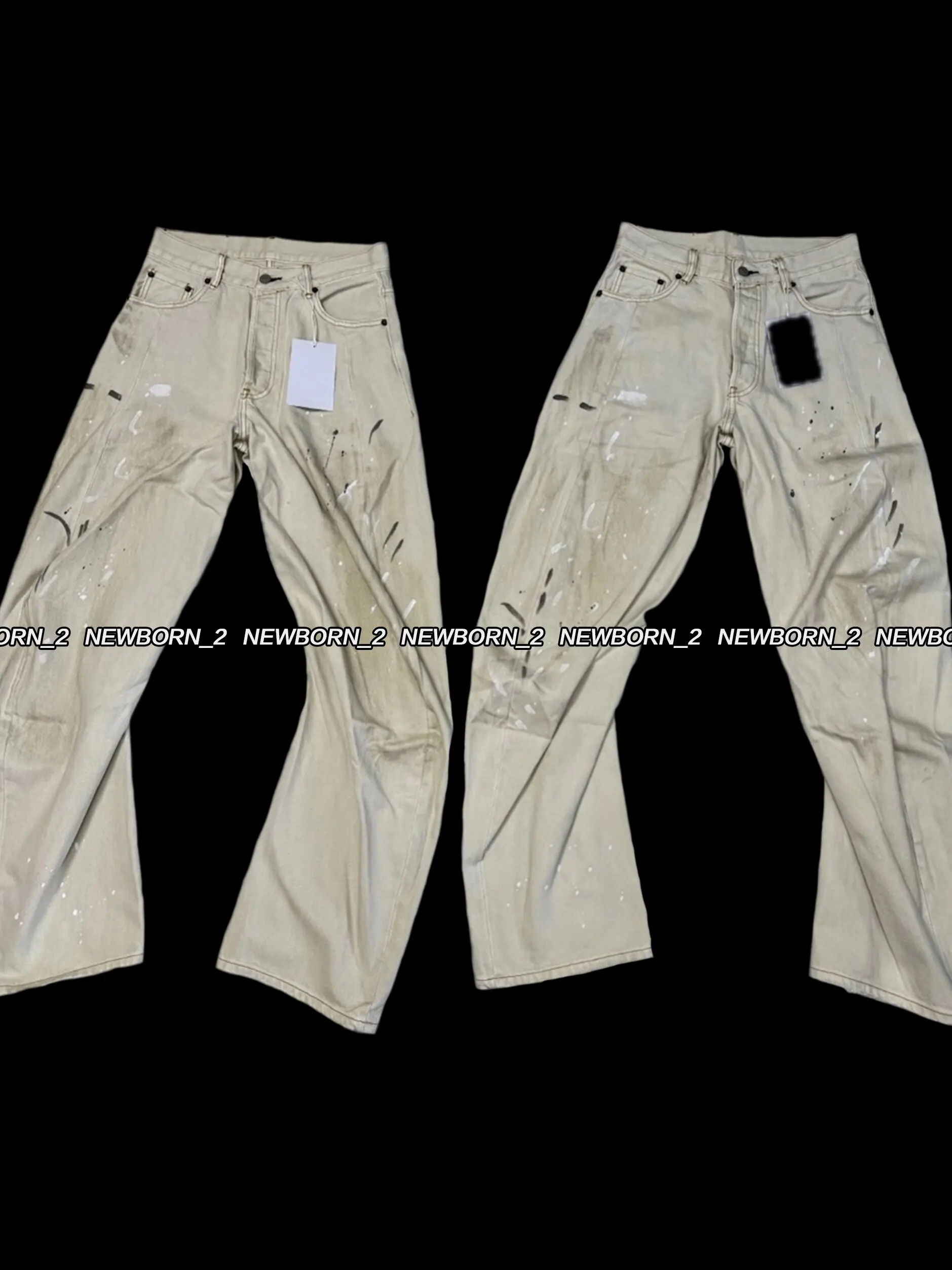 AC beige ink splash leather baggy cutter jeans