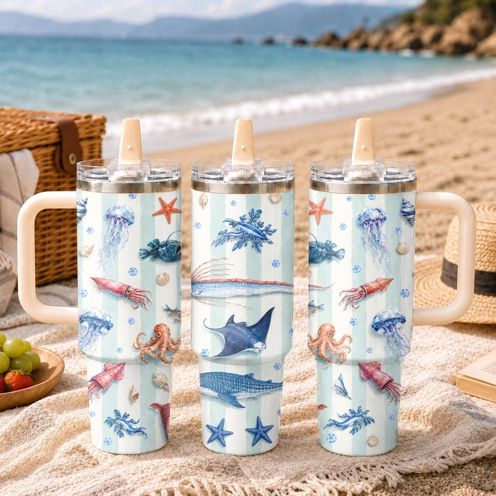 Marine Animal Designs Vacuum Flasks 40oz Stainless Steel Tumbler with Handle Straw Lid Vacuum Insulated Double Wall Leak Proof