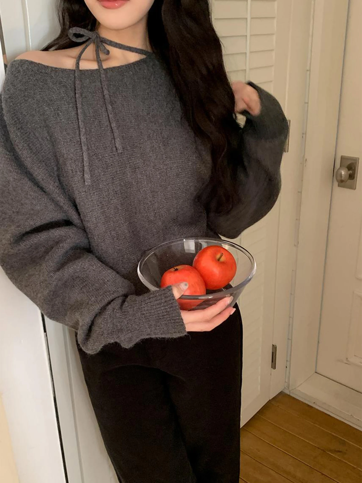 Doux Sle asymétrique sangle nœud tricoté pull femmes automne hiver Anti-âge doux polyvalent oulder Bared tricots