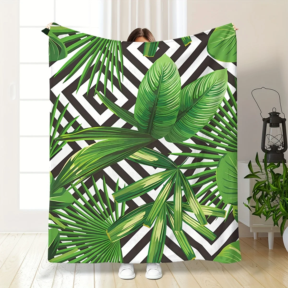 Ultra-Soft Tropical Leaf Stripe Throw Blanket - Perfect for All Seasons, Ideal Gift for Men, Women, Boys & Girls - Versatile for