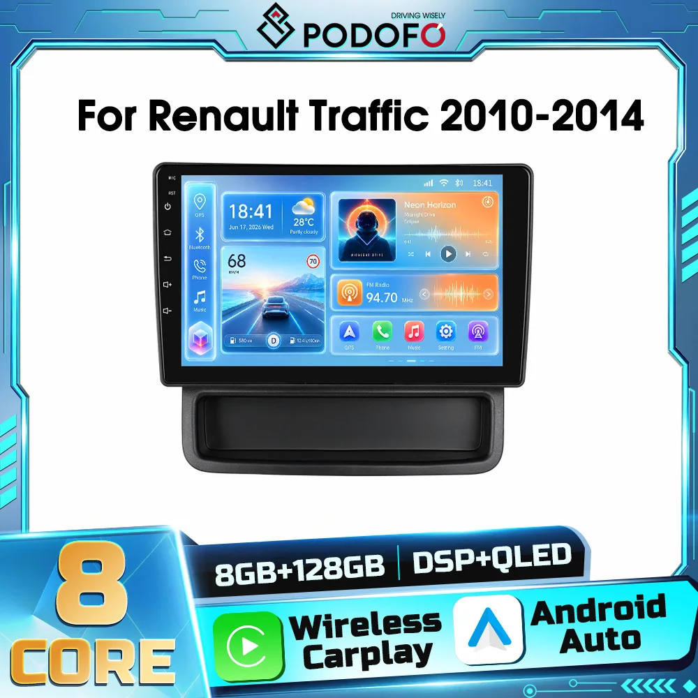 Autoradio Android 2DIN Podofo per Renault Trafic 2010-2014, Opel Vivaro, Nissan Primastar, con Carplay Wireless, GPS, Navigazione, Android Auto, WIFI, DSP, Ricevitore FM, RDS, Bluetooth