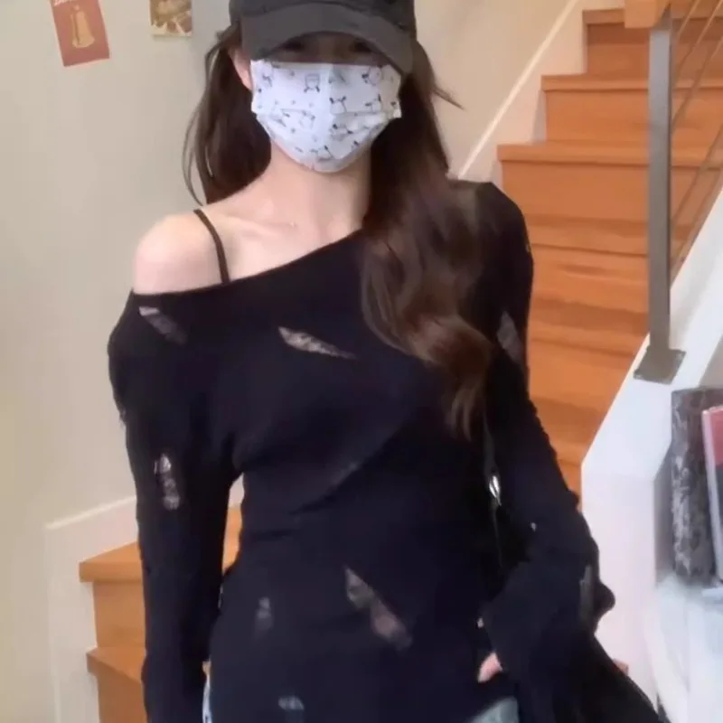 

Корейские модные футболки женские осенние студенческие асимметричные топы с боковым разрезом трикотажные с длинным рукавом модные Ulzzang Slim