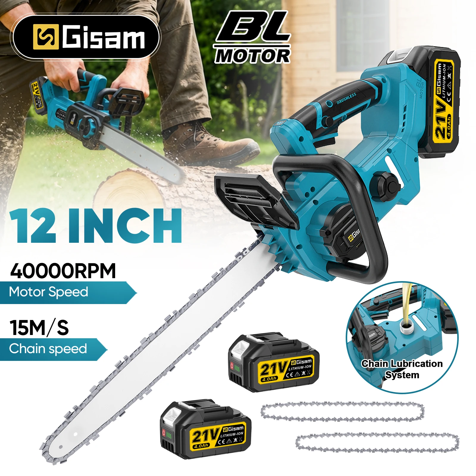 Gisam Bürstenlose 12-Zoll-Elektrokettensäge mit Digitalanzeige, Kabellose Kettensäge für Holzarbeiten, Gartenarbeit, Schneiden, Trimmen, Beschneiden, Elektrowerkzeug für Makita 18V Akku.