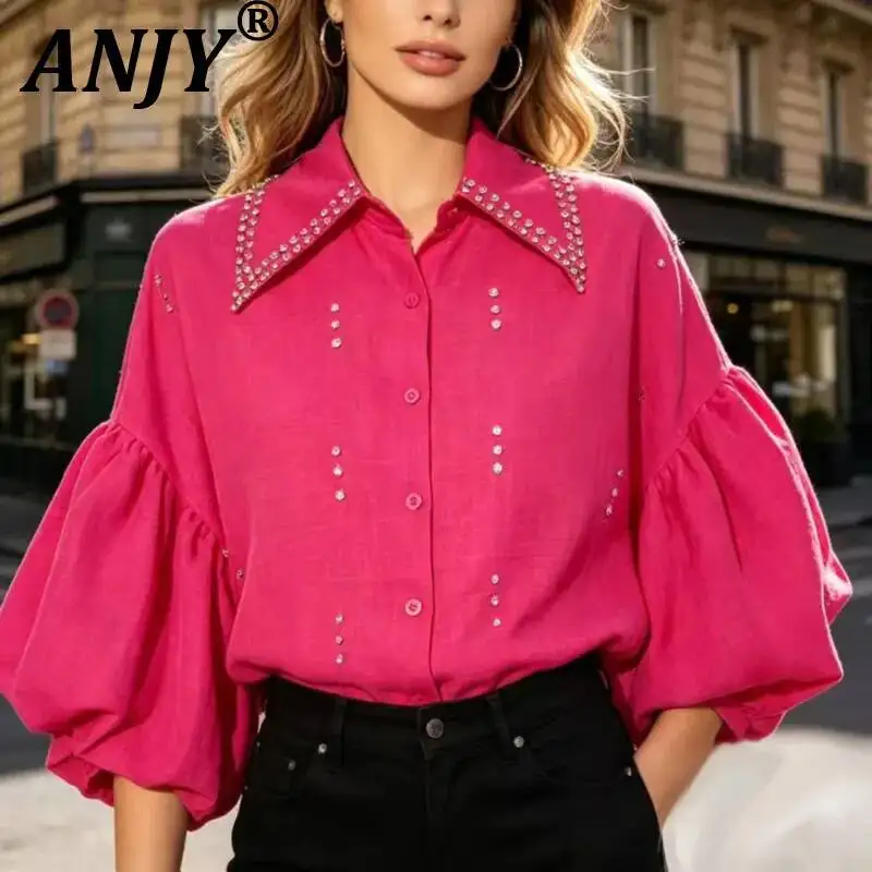 

ANJY Spring Summer New Women Trendy Fashion Solid Color Diamonds Design Shirt Niche Loose Casual Versatile Stylish Blouse A23391