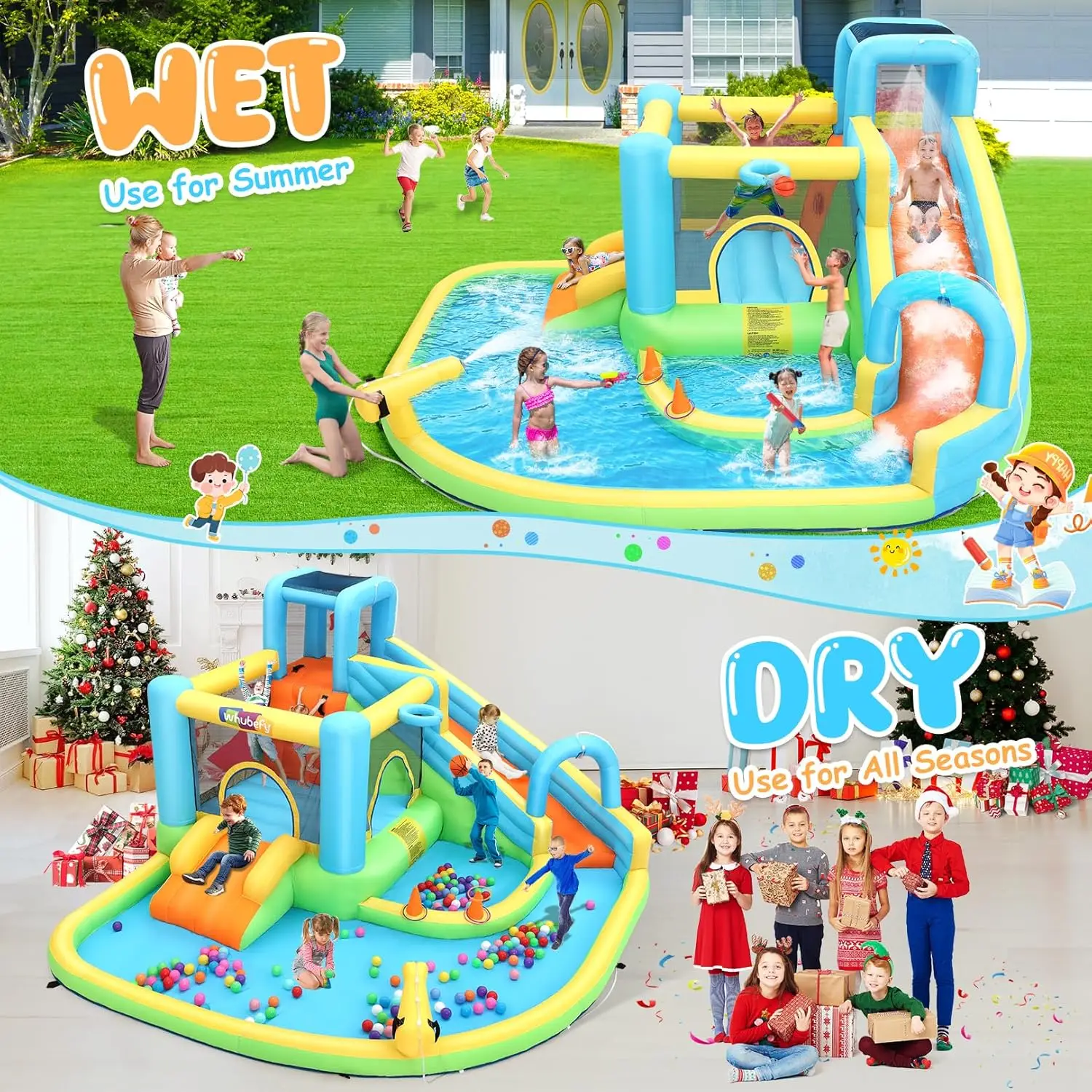Corrediça inflável da água da casa do salto para crianças 12.7ft x12ft parque aquático com piscina de respingo, parede de escalada, conjunto de bola de captura & anel de arremesso