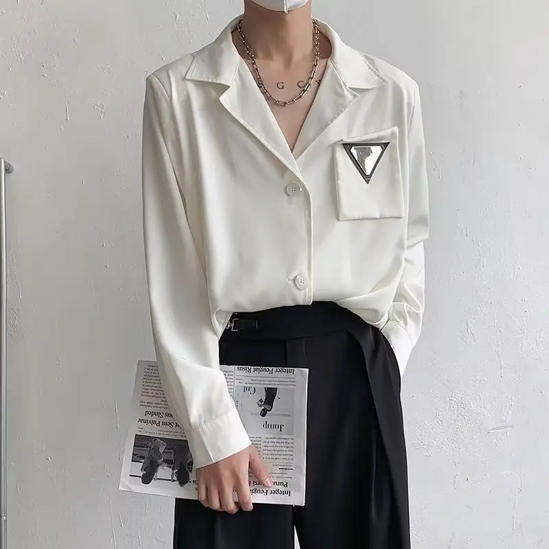 

Metallic Design Long Sleeve Shirt Men's Spring Autumn Smooth Ironless Big Collar Cuff Shirt French Style Loose Fit Polyester